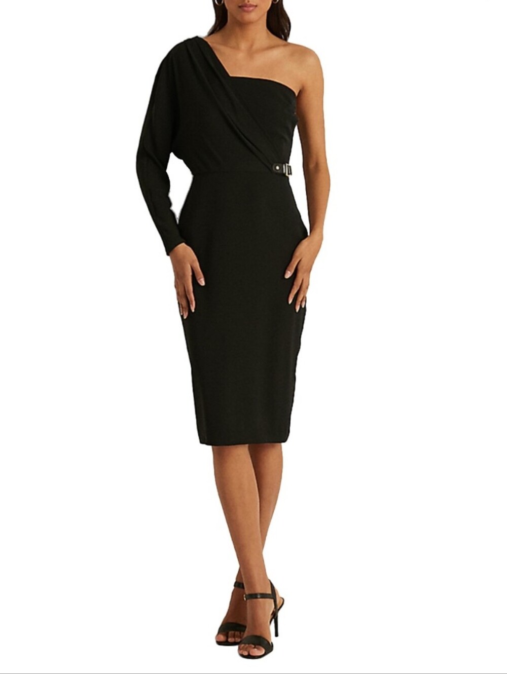 Lauren Ralph Lauren Black One-Shoulder Sheath Dress with Belt Accent